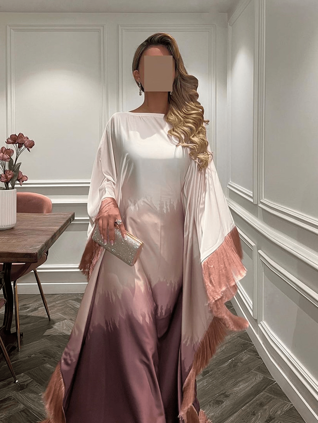 Solid Color Ombre Tassel Loose Dubai Abaya Dress, Elegant Casual Round Neck Flowy Fashion Party Dress