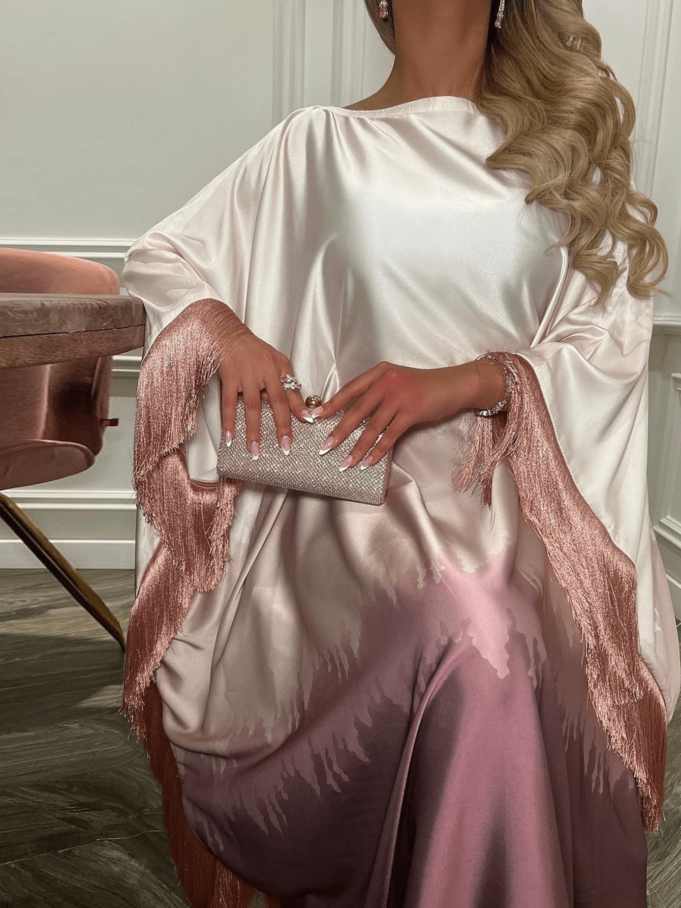 Solid Color Ombre Tassel Loose Dubai Abaya Dress, Elegant Casual Round Neck Flowy Fashion Party Dress