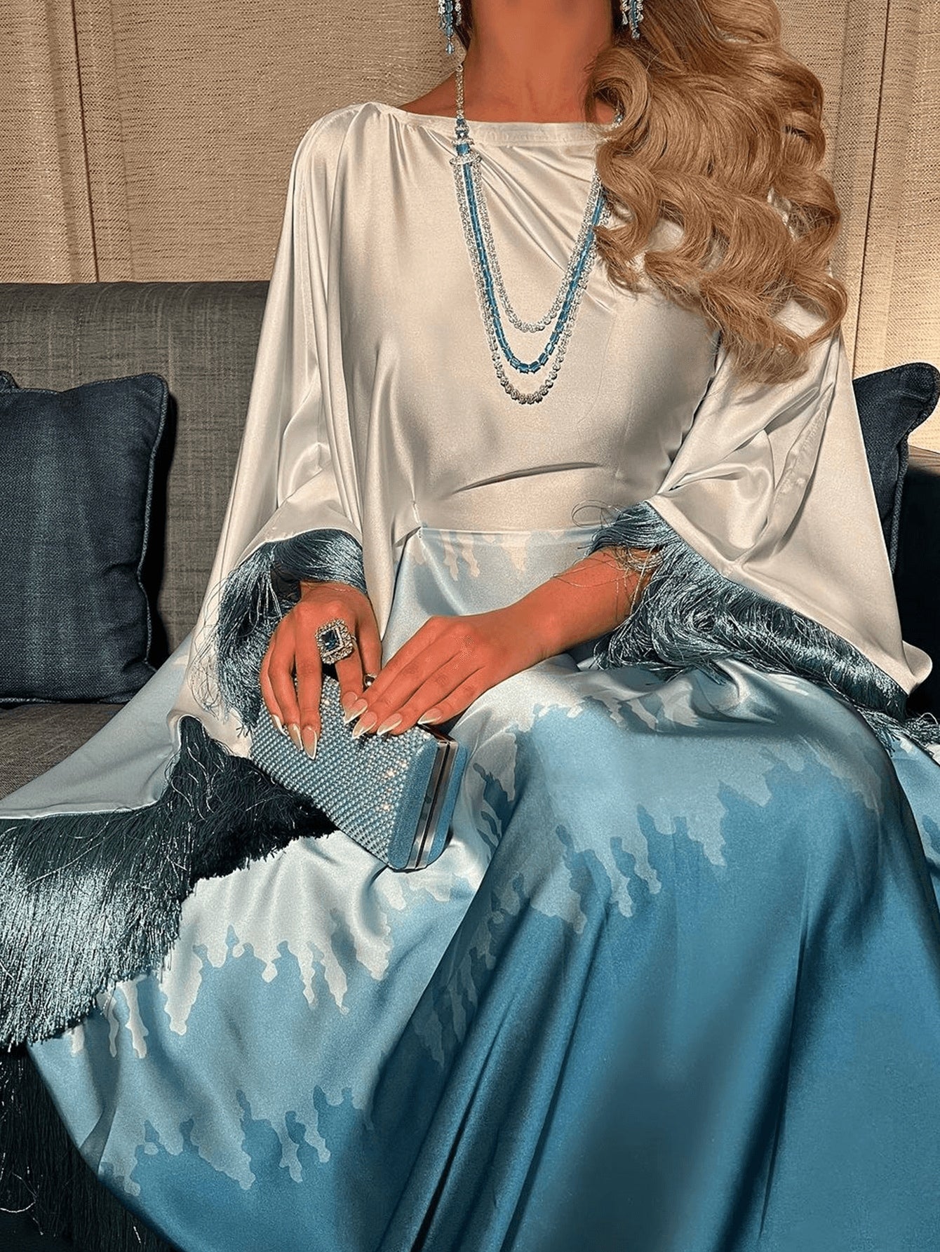 Solid Color Ombre Tassel Loose Dubai Abaya Dress, Elegant Casual Round Neck Flowy Fashion Party Dress