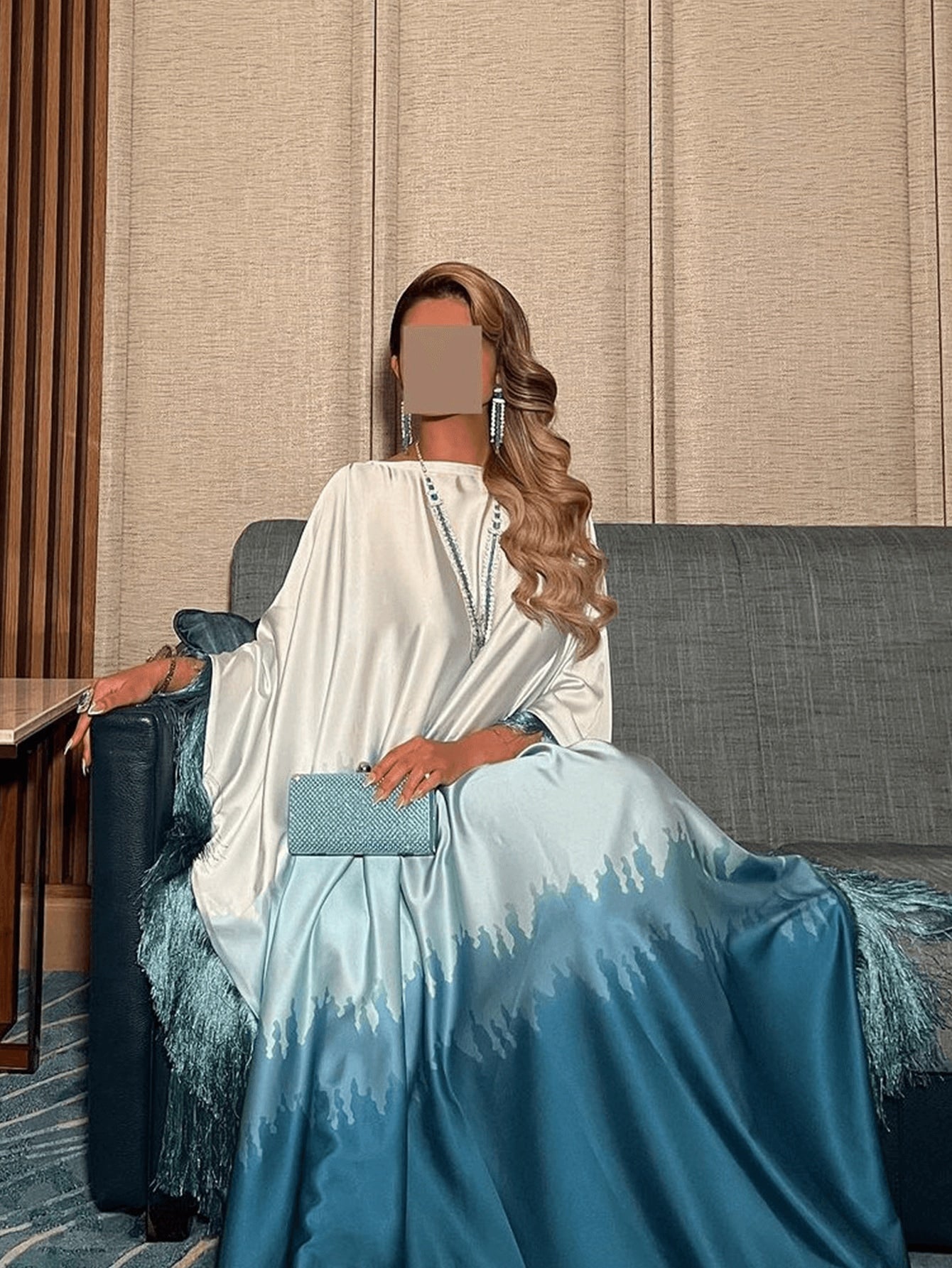 Solid Color Ombre Tassel Loose Dubai Abaya Dress, Elegant Casual Round Neck Flowy Fashion Party Dress