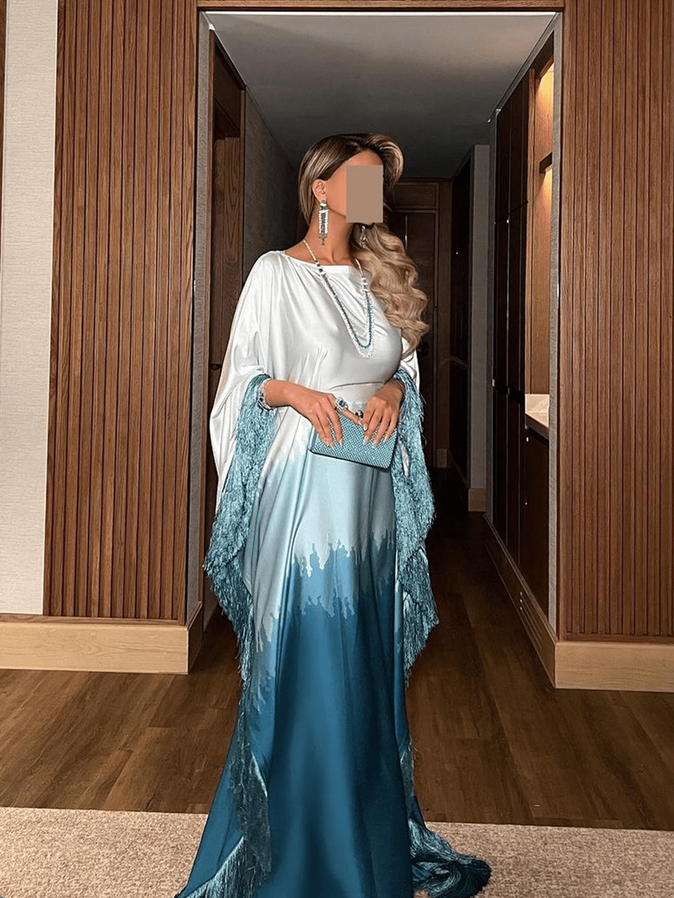 Solid Color Ombre Tassel Loose Dubai Abaya Dress, Elegant Casual Round Neck Flowy Fashion Party Dress