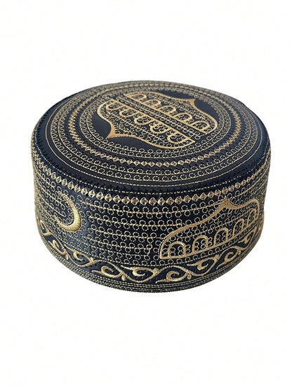 1pc Black Muslim Prayer Cap, Islamic Weekend Prayer Cap, Flat Top Embroidered Hat