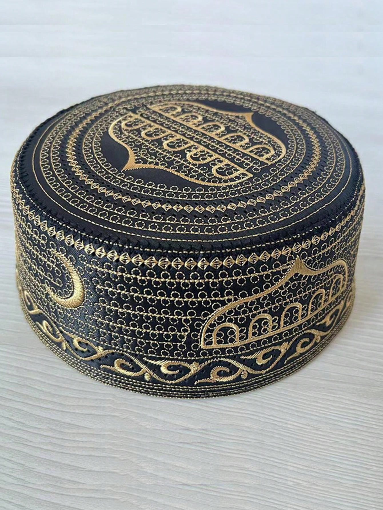 1pc Black Muslim Prayer Cap, Islamic Weekend Prayer Cap, Flat Top Embroidered Hat