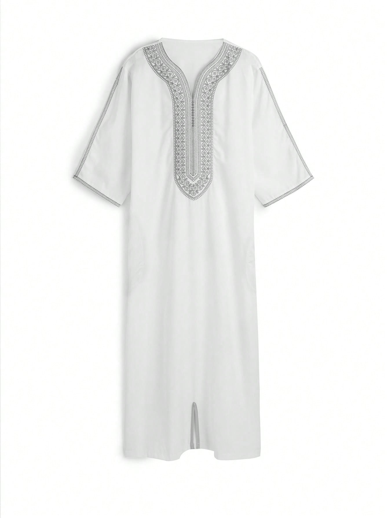 1pc White Base Gold Gandura Style Embroidery Crafted Traditional Moroccan Men's Solid Color Robe, Muslim Clothing