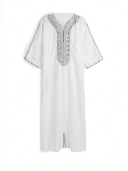 1pc White Base Gold Gandura Style Embroidery Crafted Traditional Moroccan Men's Solid Color Robe, Muslim Clothing