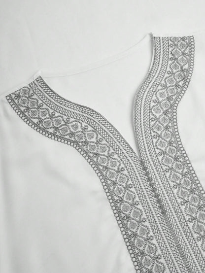 1pc White Base Gold Gandura Style Embroidery Crafted Traditional Moroccan Men's Solid Color Robe, Muslim Clothing