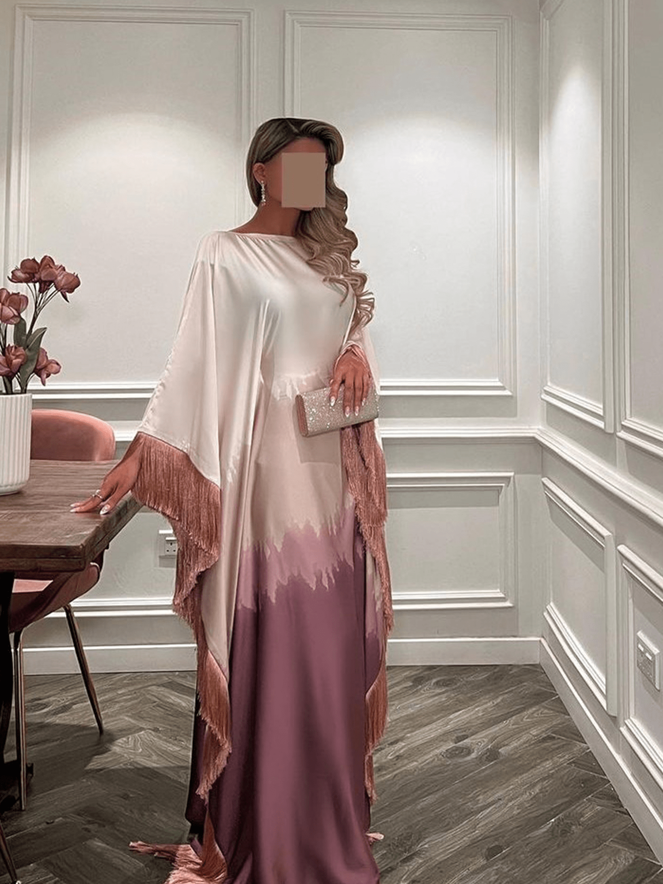 Solid Color Ombre Tassel Loose Dubai Abaya Dress, Elegant Casual Round Neck Flowy Fashion Party Dress