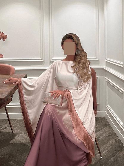 Solid Color Ombre Tassel Loose Dubai Abaya Dress, Elegant Casual Round Neck Flowy Fashion Party Dress