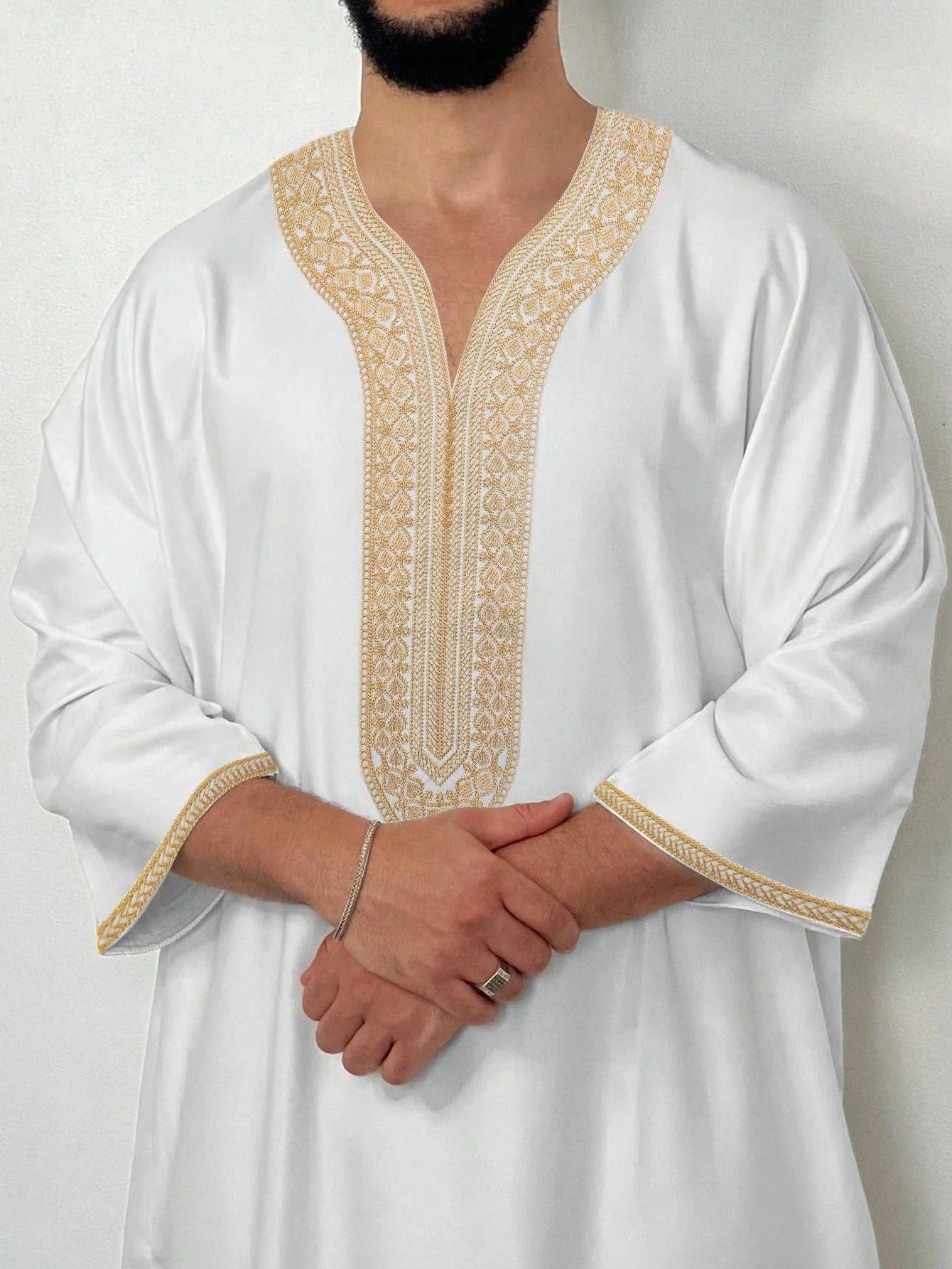 1pc White Base Gold Gandura Style Embroidery Crafted Traditional Moroccan Men's Solid Color Robe, Muslim Clothing