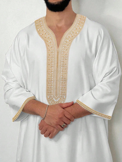 1pc White Base Gold Gandura Style Embroidery Crafted Traditional Moroccan Men's Solid Color Robe, Muslim Clothing