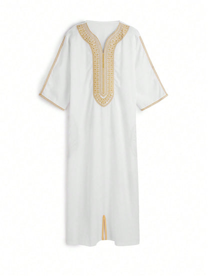 1pc White Base Gold Gandura Style Embroidery Crafted Traditional Moroccan Men's Solid Color Robe, Muslim Clothing